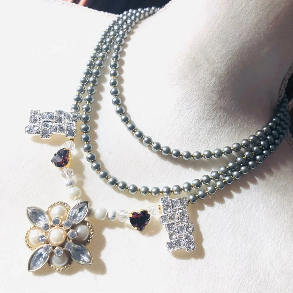 Handcrafted repurpose faceted gem Czech glass Pearl fancy toggle clasp necklace